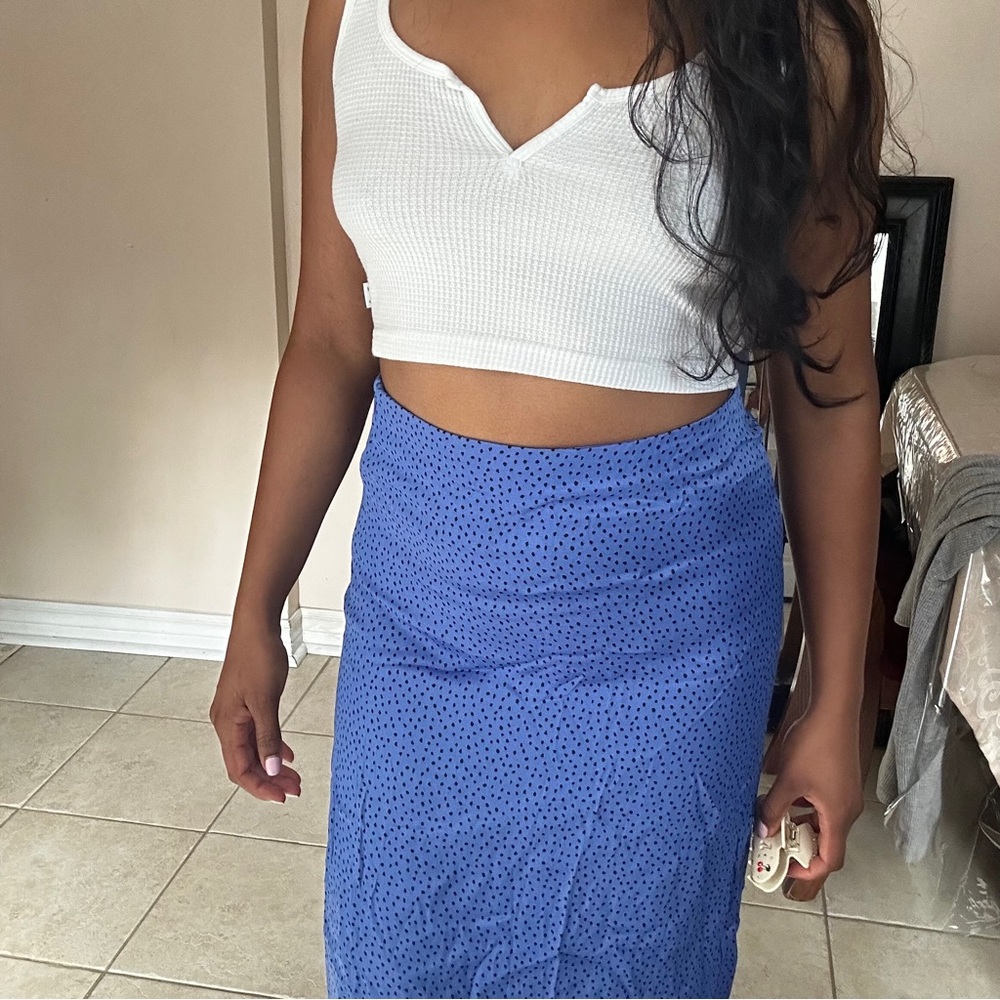 Zara Blue Midi Skirt Black Dots